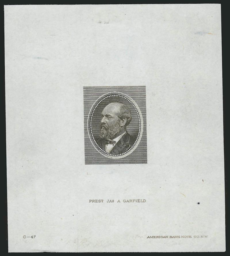 (5c) Garfield Die Essays (205-E2).> Vignette in beaded oval on plain border of horizontal lines, the two listed shades (subtle but different), one die sunk on card, other off card (tiny India paper flaws),
otherwise Extremely Fine, there is some ques