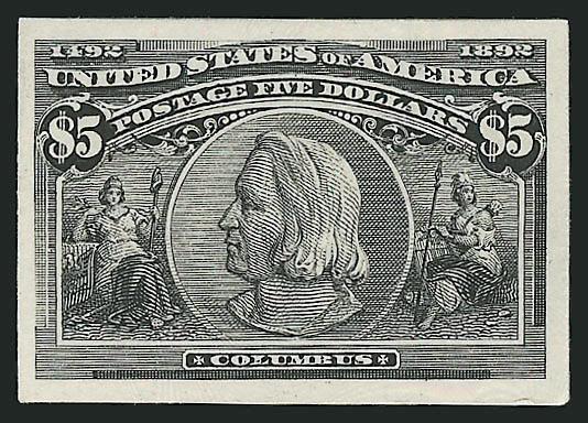 1c-$5.00 Columbian, Plate Proofs on Card (230P4-245P4).> Large margins with the dollar values particularly nice, bright colors, fresh and Very Fine set