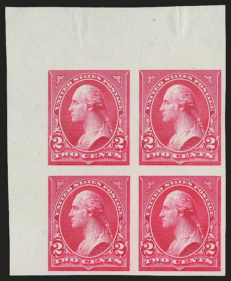2c Carmine, Ty. III, Plate Proof on India (252P3).> Top left corner margin block of four, large margins other sides, rich color with hint of oxidation, Very Fine and choice