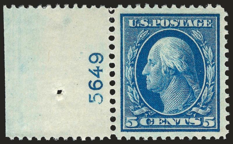 5c Blue (378).> Mint N.H. with <plate no. 5649> at left with wide selvage, brilliant color, beautiful centering with huge margins, Extremely Fine Gem, a magnificent stamp in every respect, with 1987 P.F. and
2007 P.S.E. certificates (XF-Superb 95 SM