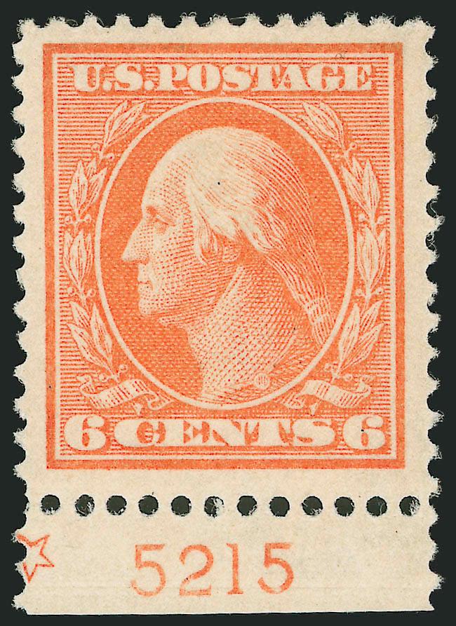 6c Red Orange (379).> Mint N.H. with <plate no. 5215 and star> in bottom selvage, vibrant color, Jumbo margins, Extremely Fine, with 2005 P.S.E. certificate (XF 90 Jumbo SMQ $290.00 as 90, $1,150.00 as
95)