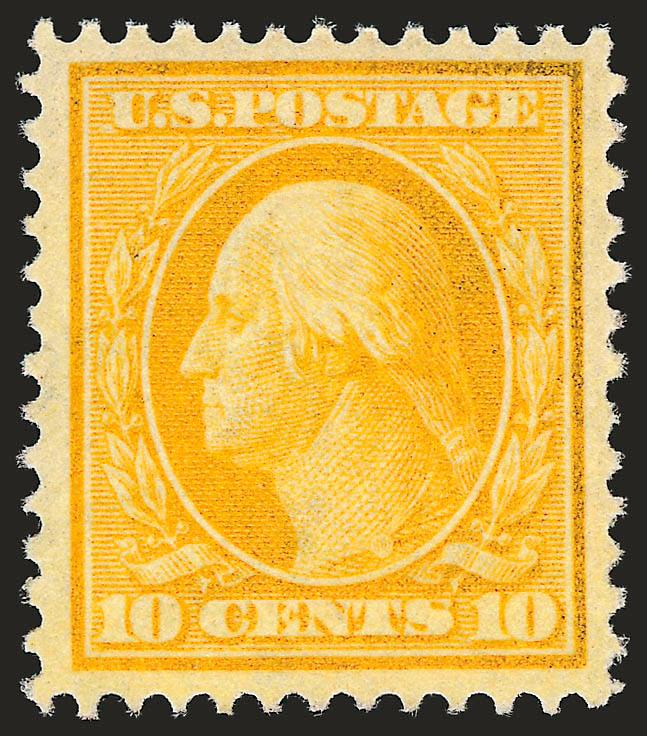 10c Yellow (381).> Mint N.H., exceptionally well-centered and very nicely margined, vivid color, Extremely Fine, with 2007 P.F. certificate (XF 90 SMQ $800.00)