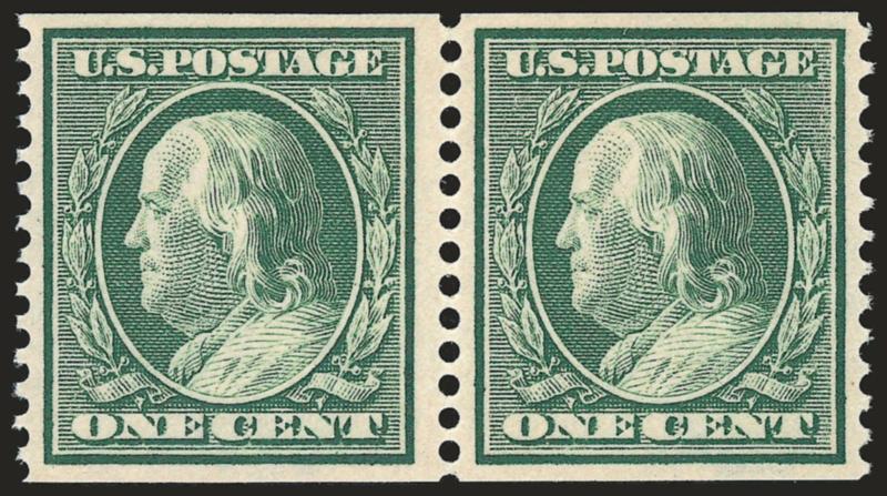 1c Green, Coil (387).> Mint N.H. pair with 3mm spacing, bright shade, fresh and Very Fine, with 2000 P.F. certificate