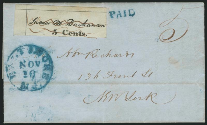 Baltimore Md., 5c Black (3X1).> Position 1 with <top left corner sheet margins,> tied by wavy-line ms. cancel, bold blue Baltimore Md. Nov. 16 (1846) circular datestamp, matching Paid straightline and ms. 5 rate
on blue folded letter to New Yor