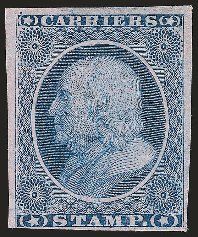 (1c) Dull Blue, Franklin Carrier (LO1).> Unused (traces of original gum), three large margins, ample to barely touched at bottom, beautiful bright color and remarkably detailed impression, tiny thin spot and tiny
surface scrape at bottom right<><>^