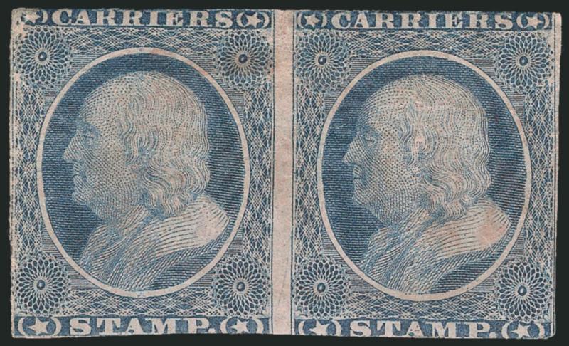 (1c) Dull Blue, Franklin Carrier (LO1).> Horizontal pair, original gum, margins slightly in to just clear, fine impression, each stamp with slight crease and small thin spot<><>^VERY GOOD-FINE APPEARANCE. THIS IS
THE ONLY RECORDED MULTIPLE OF THE 1