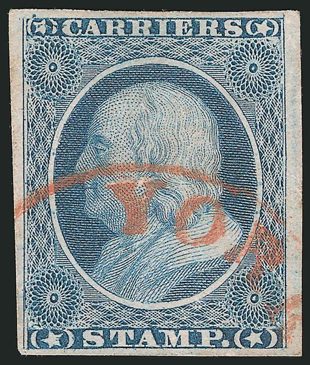 (1c) Dull Blue, Franklin Carrier (LO1).> Large to huge margins, extraordinary rich color and proof-like impression, cancelled by vivid <red New York dateless circle> used by carrier department, negligible small
thin spot<><>^EXTREMELY FINE APPEAR