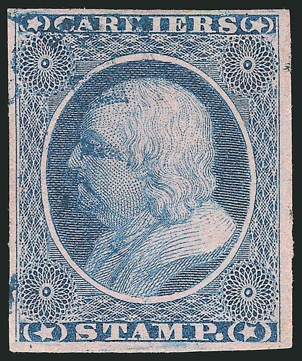 (1c) Dull Blue, Franklin Carrier (LO1).> Large even margins all around, deep rich color on fresh paper, light strike of <blue Philadelphia Pa. circular datestamp,> small faint corner crease at top
right<><>^EXTREMELY FINE APPEARANCE. A SUPERB USE