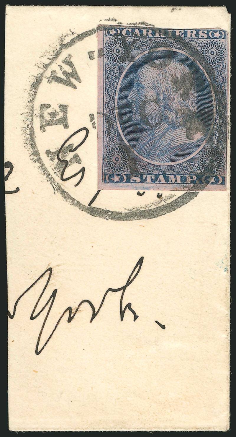 (1c) Dull Blue, Franklin Carrier (LO1).> Two huge margins, other sides touched, beautiful early impression on bright Rose paper, tied by remarkably bold <New-York Dec. 1 circular datestamp> on approximately
one-quarter of a cover (with part of flap