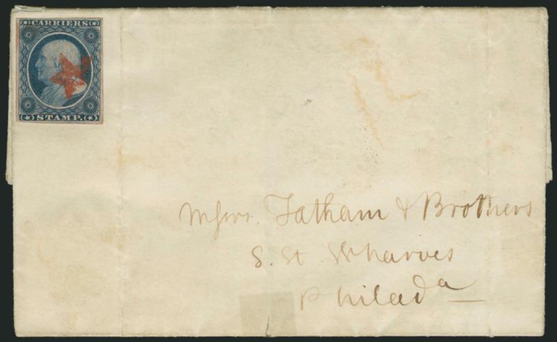 (1c) Dull Blue, Franklin Carrier (LO1).> Large to full margins, deep rich color and proof-like impression, cancelled by Philadelphia <red star>, used on March 9, 1852 folded letter datelined in Philadelphia to
<<Messrs. Tatham & Brothers, 8 St. Whar