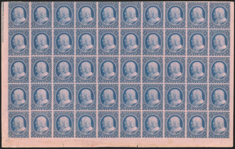 (1c) Blue on Rose, Franklin Carrier Reprint (LO3).> Block of 50, the bottom half of left pane with part imprint, shows plate crack below Position 91, slight creasing, minor faults in sheet margin as usual, still
Very Fine and impressive, ex Hall, Sco
