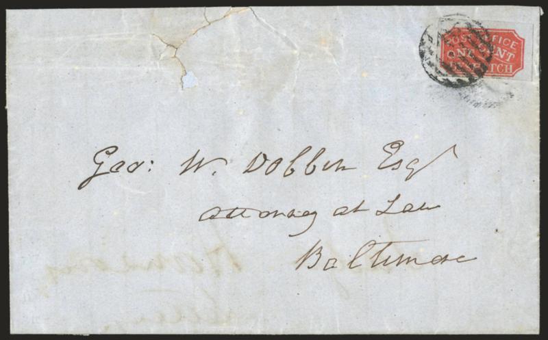 Baltimore Md., 1c Red on Bluish (1LB1).> Large to enormous margins, deep rich color, tied by bold strike of grid on folded cover to George W. Dobbin in Baltimore, opening tear at top with tiny piece out, stamp
slightly affected by light horizontal fi