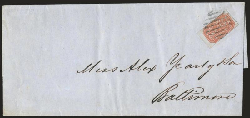 Baltimore Md., 1c Red on Bluish (1LB1).> Type 3, left sheet margin, other sides large to just touching at top, tied by black grid on Mar. 3, 1853 folded letter to local addressee, Very Fine and choice, ex Hall
and Johnstone