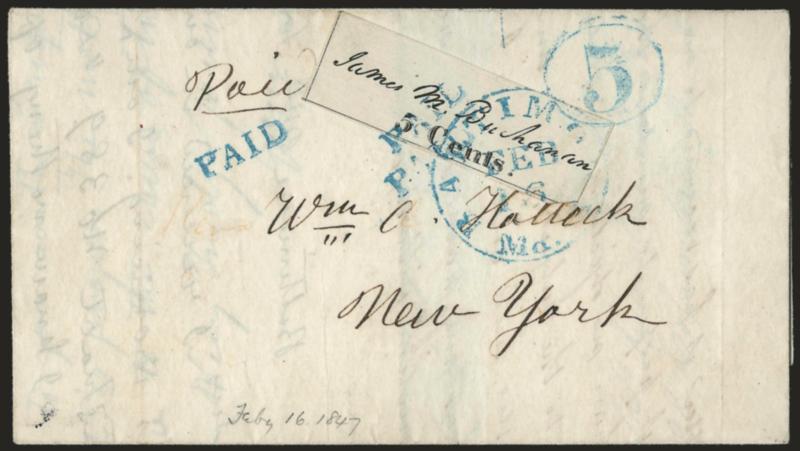 Baltimore Md., 5c Black (3X1).> Position 3, ample to large margins with two full framelines, bottom right corner slightly clipped, <without usual pen cancellation, tied by Baltimore Md. Feb. 16 circular datestamp
and also tied by 5 in circle and