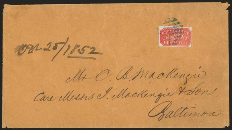 Baltimore Md., 1c Red on Bluish (1LB1).> Large margins all around, rich color, tied by neat strike of grid handstamp on buff cover to local street address, Oct. 12, 1852 docketing at left, minor edgewear not
mentioned on accompanying certificate, fre