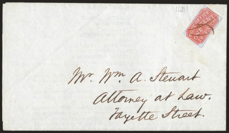 Baltimore Md., 1c Red on Bluish (1LB1).> Large margins to clear, tied by penstrokes on printed Trinity Church, East Baltimore notice soliciting donations, to local street address, fresh and Very Fine, scarce
usage on a printed circular, Scott Retai