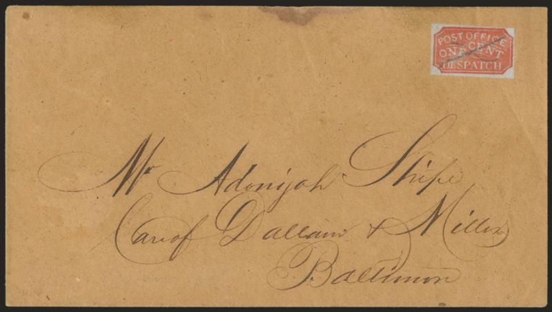 Baltimore Md., 1c Red on Bluish (1LB1).> Large even margins, bright color cancelled by ms. X penstrokes on buff cover to local street address, small cover stain at top center, otherwise Very Fine, with 2004 P.F.
certificate, Scott Retail as tied by