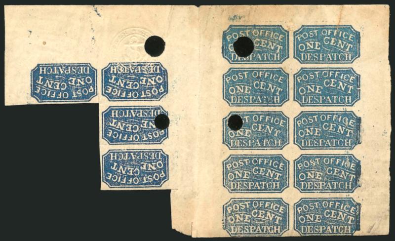 Baltimore Md., 1c Blue (1LB3).> Cross-gutter block of fourteen showing two impressions with <tete-beche> orientation, Types 1-10 (complete setting) and adjoining Types 579-10, original gum, <papermakers embossed
seal with Anchor design,> four punc