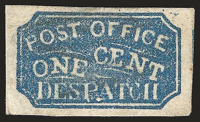 Baltimore Md., 1c Blue on Laid (1LB3a).> Huge margins, pencil cancel, Extremely Fine, ex Caspary and Golden, with 1957 P.F. certificate