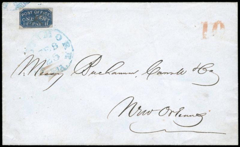 Baltimore Md., 1c Blue on Bluish (1LB2).> Margins all around, deep shade, ms. X cancel, <tied> at upper left by blue Baltimore Md. Feb. 25 circular datestamp, second full strike and red 10 handstamp on cover to
Buchannon Carroll & Co. in New Or