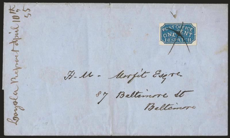 Baltimore Md., 1c Blue (1LB3).> Type 4, large margins, fine early impression, tied by ms. X on blue folded cover to local street address, docketed Apr. 1855, Very Fine, ex Hessel and Golden