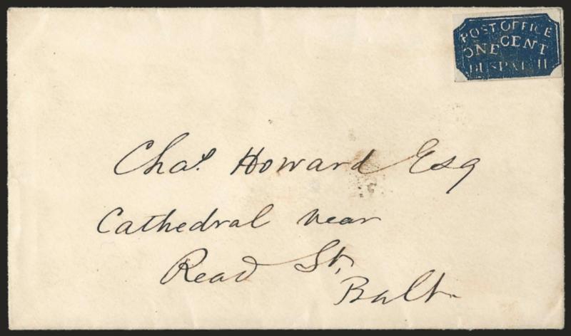 Baltimore Md., 1c Blue (1LB3).> Type 5, remarkably dark shade and heavily-inked impression that shows white lines resembling wood grain, margins all around, pencil cancel (not tied), used on small cover to local
street address, Extremely Fine, ex Kel