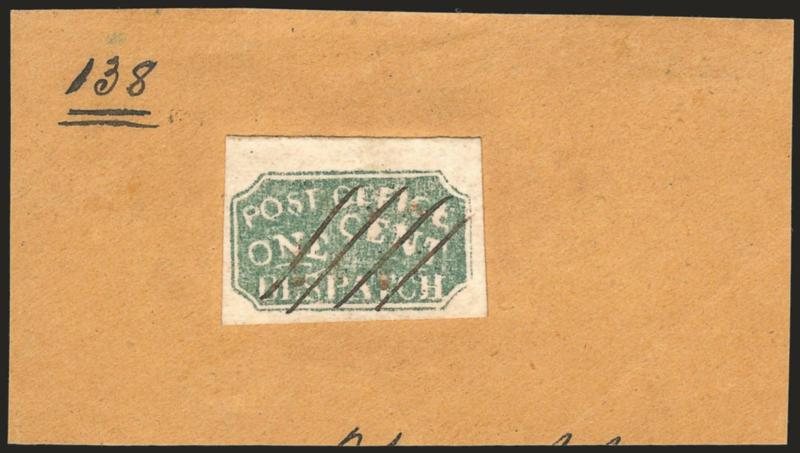 Baltimore Md., 1c Green (1LB4).> Large to huge margins incl. <sheet margin> at top, cancelled by four neat penstrokes on small piece, fresh and Extremely Fine, a beautiful stamp, ex Caspary