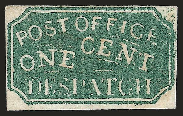 Baltimore Md., 1c Deep Green (1LB4).> Type 6, trace of faded pen cancel at right (described in 1973 Robson Lowe sale as unused), clear to ample margins, rich color, Very Fine, an extremely rare stamp, ex Caspary,
Boker and Golden, with 2000 P.F. cert