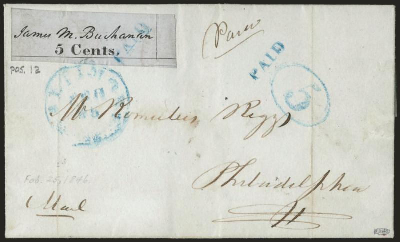 Baltimore Md., 5c Black on Bluish (3X3).> Position 12, large margins with two complete framelines, <without pen cancellation, cancelled by blue Paid handstamp and tied by blue Baltimore Md. Feb. 25 circular
datestamp> on blue folded letter to Phi