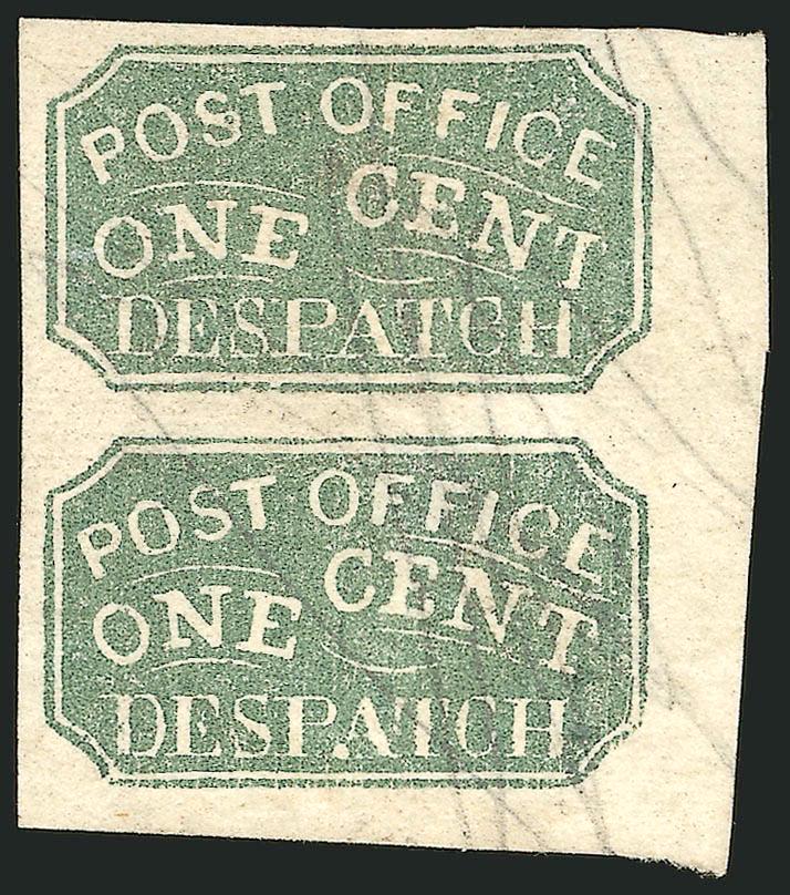 Baltimore Md., 1c Green (1LB4).> Types 810, vertical pair, huge margins including right sheet margin, bright color, pencil cancel<><>^EXTREMELY FINE. THE FAMOUS AND UNIQUE PAIR OF THE RARE GREEN BALTIMORE CARRIER
STAMP. ONE OF TWO RECORDED USED MU