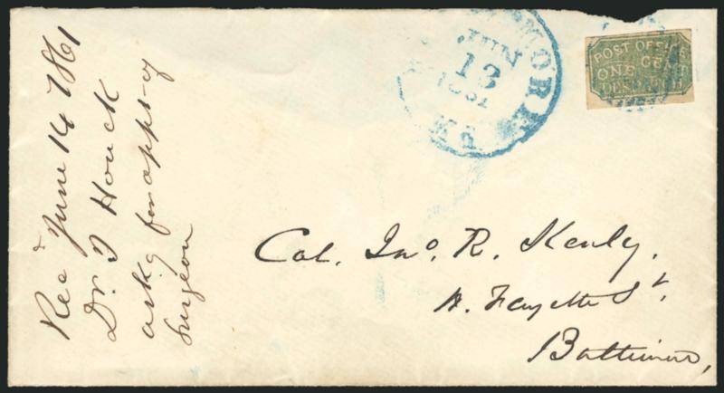 Baltimore Md., 1c Green (1LB4).> Type 8, three full to large margins, in at right, bright shade, <tied by blue grid> with matching Baltimore Md. Jun. 13, 1861 circular datestamp on cover to local street address,
neatly docketed, backflap removed an
