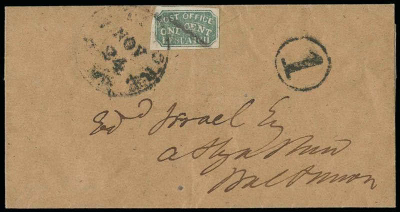 Baltimore Md., 1c Green (1LB4).> Large margins, deep shade, <tied> by pencil and also tied by Baltimore Md. Nov. 24 circular datestamp with matching 1 in circle drop letter rate handstamp on brown folded cover,
locally addressed<><>^AN EXTREMEL