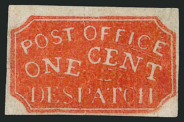 Baltimore Md., 1c Red (1LB5).> Position 10, unused (no gum), large even margins, wonderful color and impression on bright paper, small crease ending in tiny tear at top center, otherwise Extremely Fine, the
Red-on-white stamp is one of the rarest of
