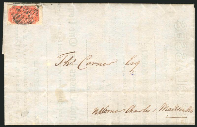Baltimore Md., 1c Red (1LB5).> Type 2, three huge margins including right sheet margin, full at bottom, small corner crease at top left and small tear at top right (both so far from design as to be
inconsequential), vivid shade and early impression,