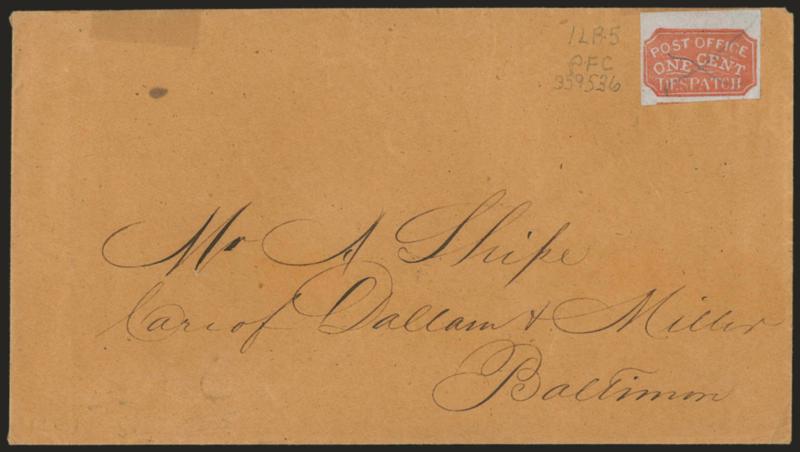 Baltimore Md., 1c Red (1LB5).> Type 3, large to huge margins incl. <sheet margin> at top and part of adjoining stamp at bottom, cancelled by pencil X (not tied) on orange cover to local street address, small
hinge spot at top left of cover, stamp w