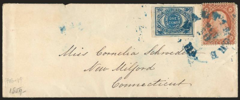 Baltimore Md., 1c Blue (1LB6).> Large margins to clear, <used with 3c Dull Red, Ty III (26)> and tied together by blue Baltimore Md. ? 30 circular datestamp on small cover to New Milford Conn., missing top flap,
3c with scrapes at bottom right,  ot
