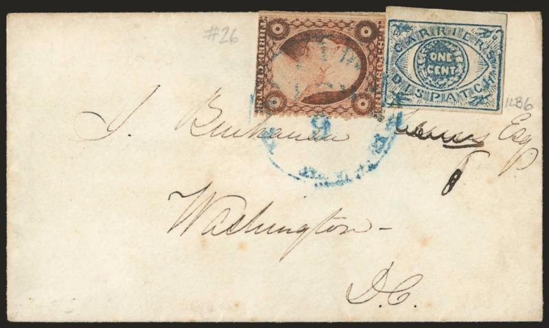 Baltimore Md., 1c Blue (1LB6).> Large margins to clear, <used with 3c Dull Red, Ty III (26),> perfs trimmed and oxidized, tied together by blue Baltimore Md. Feb. 9 circular datestamp on small cover to Washington
D.C., stamps barely affected from p