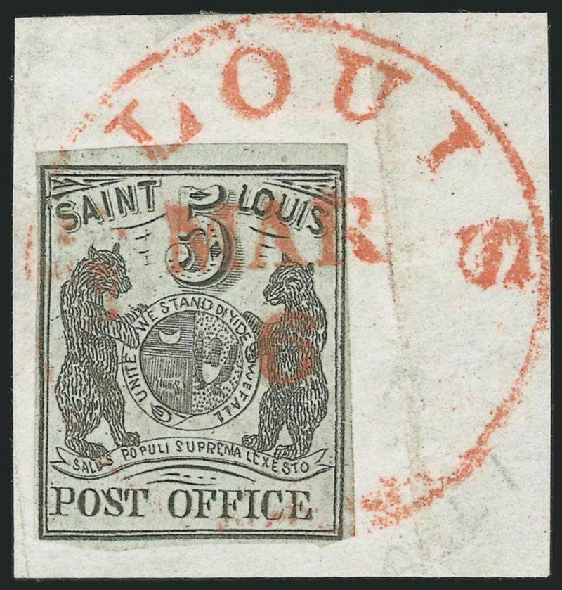 St. Louis Mo., 5c Black on Greenish (11X1).> Type III, Position 5, large margins to just touched, <without pen cancellation, tied by red St. Louis Mo. Mar. 6 circular datestamp> on small piece<><>^VERY FINE
EXAMPLE OF THE 5-CENT ST. LOUIS POSTMAS
