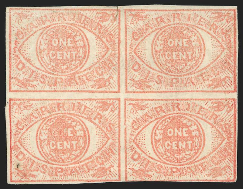 Baltimore Md., 1c Red (1LB7).> Positions 7-89-10, block of four, original gum, large margins to just touched at bottom, top left stamp has tiny tear, bottom left small toned spot, bottom pair small thins, Very
Fine appearance, only two multiples are