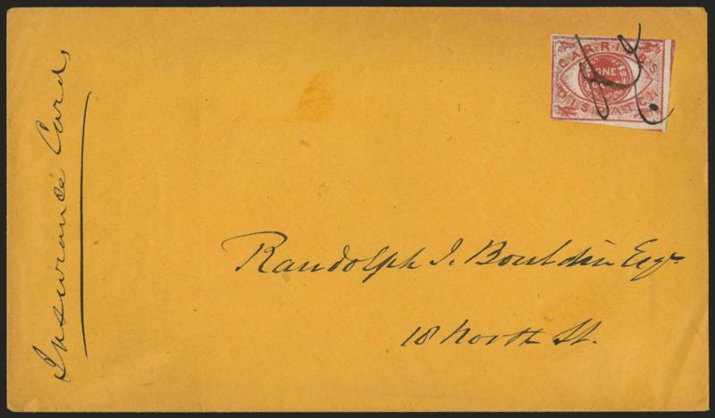 Baltimore Md., 1c Red (1LB7).> Large margins to just clear, deep rich color, tied by penstroke on orange cover to local street address, fresh and Very Fine