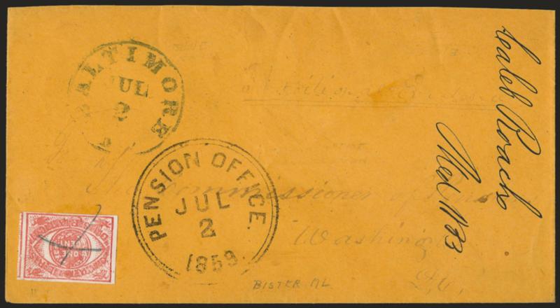 Baltimore Md., 1c Red (1LB7).> Full to large margins, deep shade, tied by pencil X, blue Baltimore Md. Jul. 2 (1859) circular datestamp on buff cover to Commissioner of Pensions, Washington D.C., large
double-line receiving datestamp, slightly re