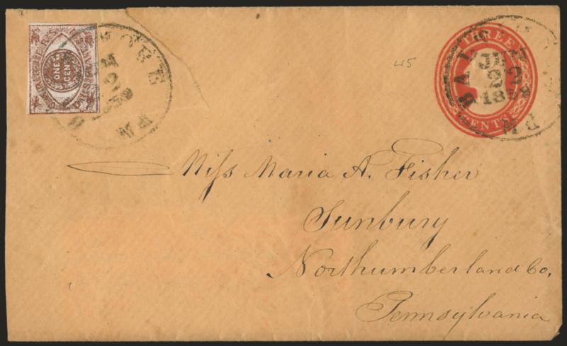 Baltimore Md., 1c Red (1LB7).> Ample margins to just touching, <tied by Baltimore Md. Jun. 22, 1859 circular datestamp> on 3c Red Nesbitt entire to Sunbury Pa., upper left corner of cover creased and torn but not
affecting carrier stamp, otherwise