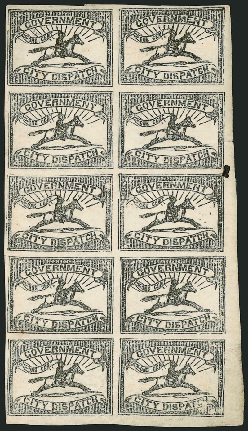 Baltimore Md., 1c Black (1LB8).> Pane of ten, Position 2 Short Rays, Position 7 SENT, original gum, Mint N.H. except for Position 4, full to large margins, small extraneous ink spot at right, two creases, one
ending in small margin tear, otherwise