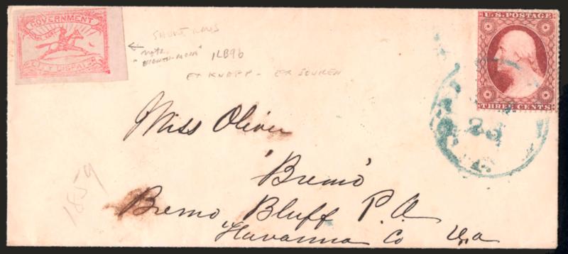 Baltimore Md., 1c Red (1LB9).> Position 2 with <short rays,> also with unusual eighth moon at right, huge margins to just in at top right incl. <sheet margin> at right, uncancelled and <used with 3c Dull Red, Ty.
III (26),> tied by blue Baltimore