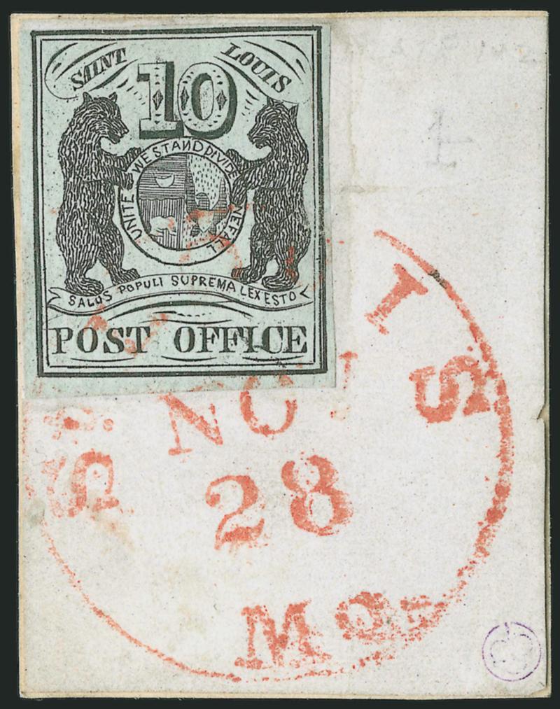St. Louis Mo., 10c Black on Greenish (11X2).> Type I, Position 2, large margins to clear at top, <without pen cancellation, tied by red St. Louis Mo. Nov. 28 circular datestamp> on small piece, lifted and hinged
in place to confirm soundness of the