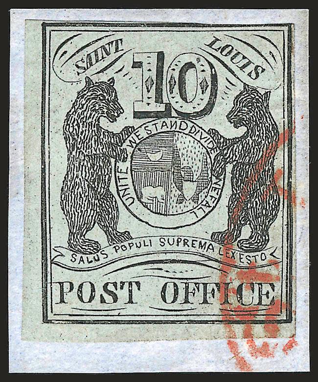 St. Louis Mo., 10c Black on Greenish (11X2).> Type I, Position 2, large margins to just barely in along frameline at top right, <without pen cancellation, tied by red St. Louis circular datestamp> on small
piece<><>^FRESH AND VERY FINE. A BEAUTIFUL