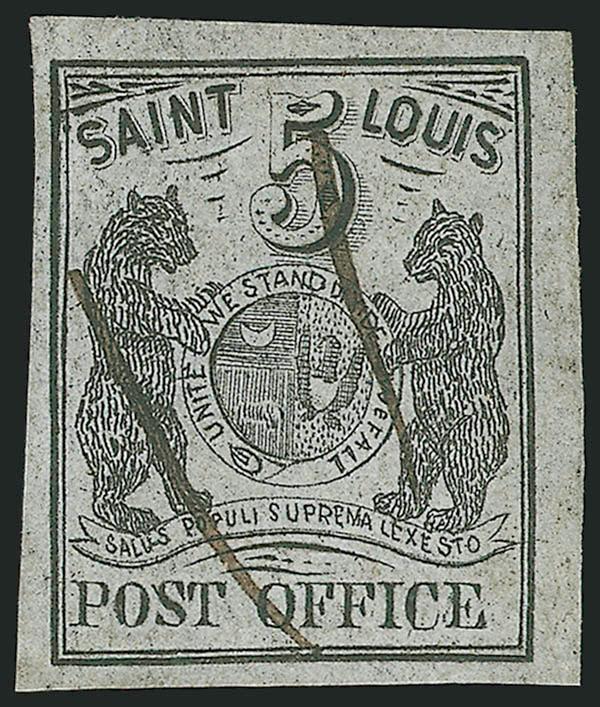 St. Louis Mo., 5c Black on Gray Lilac (11X4).> Type III, Position 5, large to huge margins, unusually deep impression, cancelled by two unobtrusive penstrokes<><>^EXTREMELY FINE GEM. ONE OF THE FINEST KNOWN
EXAMPLES OF THE 5-CENT ST. LOUIS POSTMAST