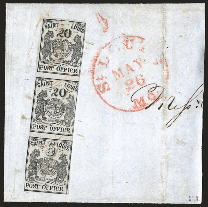 St. Louis Mo., 20c20c5c Black on Gray Lilac, Se-Tenant Strip of Three (11X6-11X4).> Vertical strip of three containing the <entire left vertical row on the plate,> Positions 135, top two stamps 20c (Types III),
bottom stamp 5c (Type III), ample