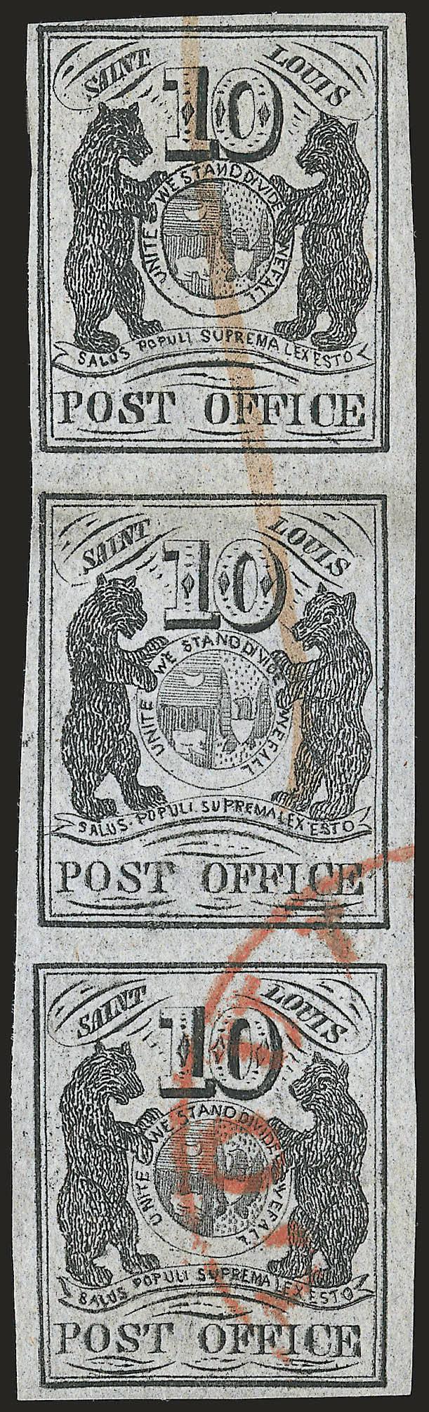 St. Louis Mo., 10c Black on Gray Lilac (11X5).> Vertical strip of three containing all three positions from the right vertical row of the plate, Positions 246, full to huge margins, top stamps cancelled by single
penstroke, bottom stamp cancelled s