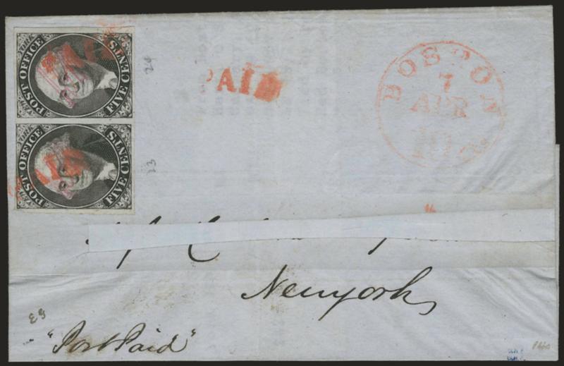 New York N.Y., 5c Black, ACM Initials (9X1).> Positions 23-24, horizontal pair, large margins all around, <tied> by red Paid in arc, second strike at right, matching oston 10 cts. 7 Apr.> integral-rate circular
datestamp on blue folded cover